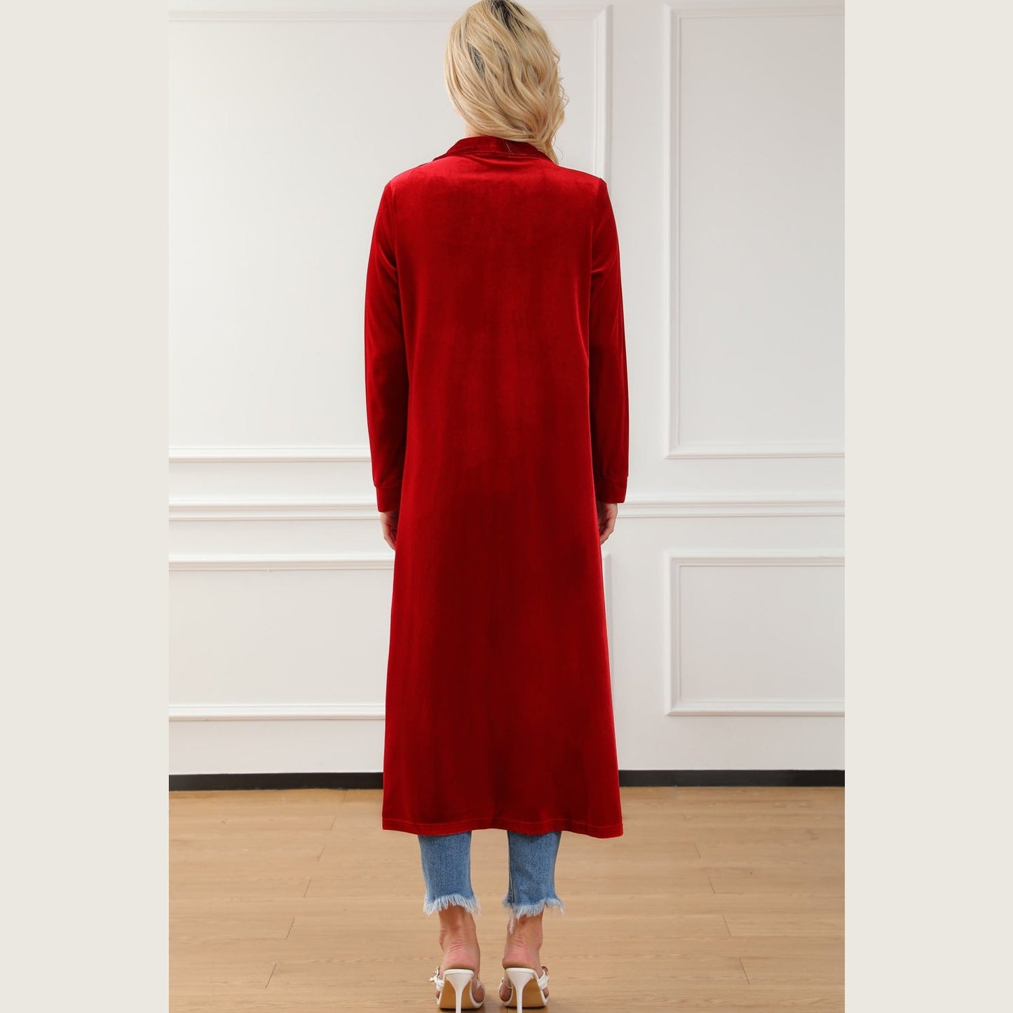 Krista Red Velvet Open Front Pocketed Long Duster
