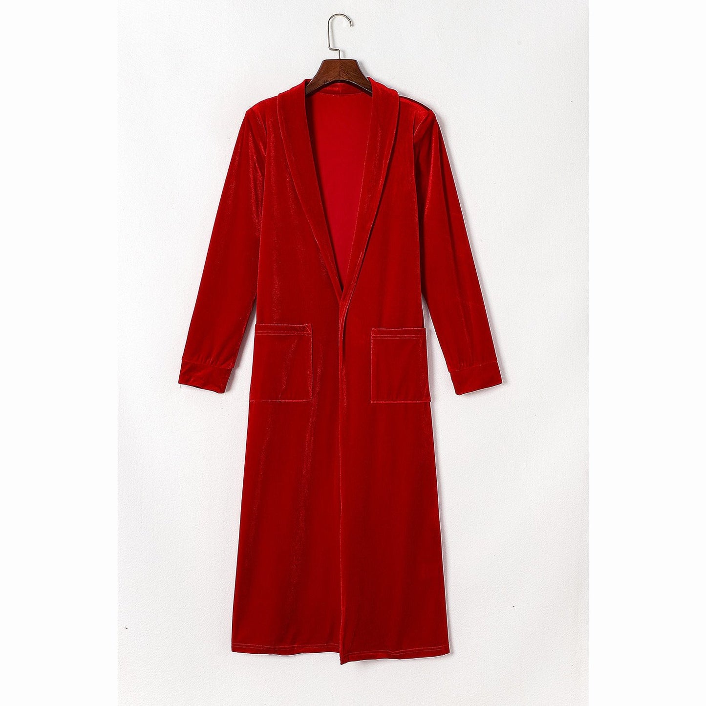 Krista Red Velvet Open Front Pocketed Long Duster