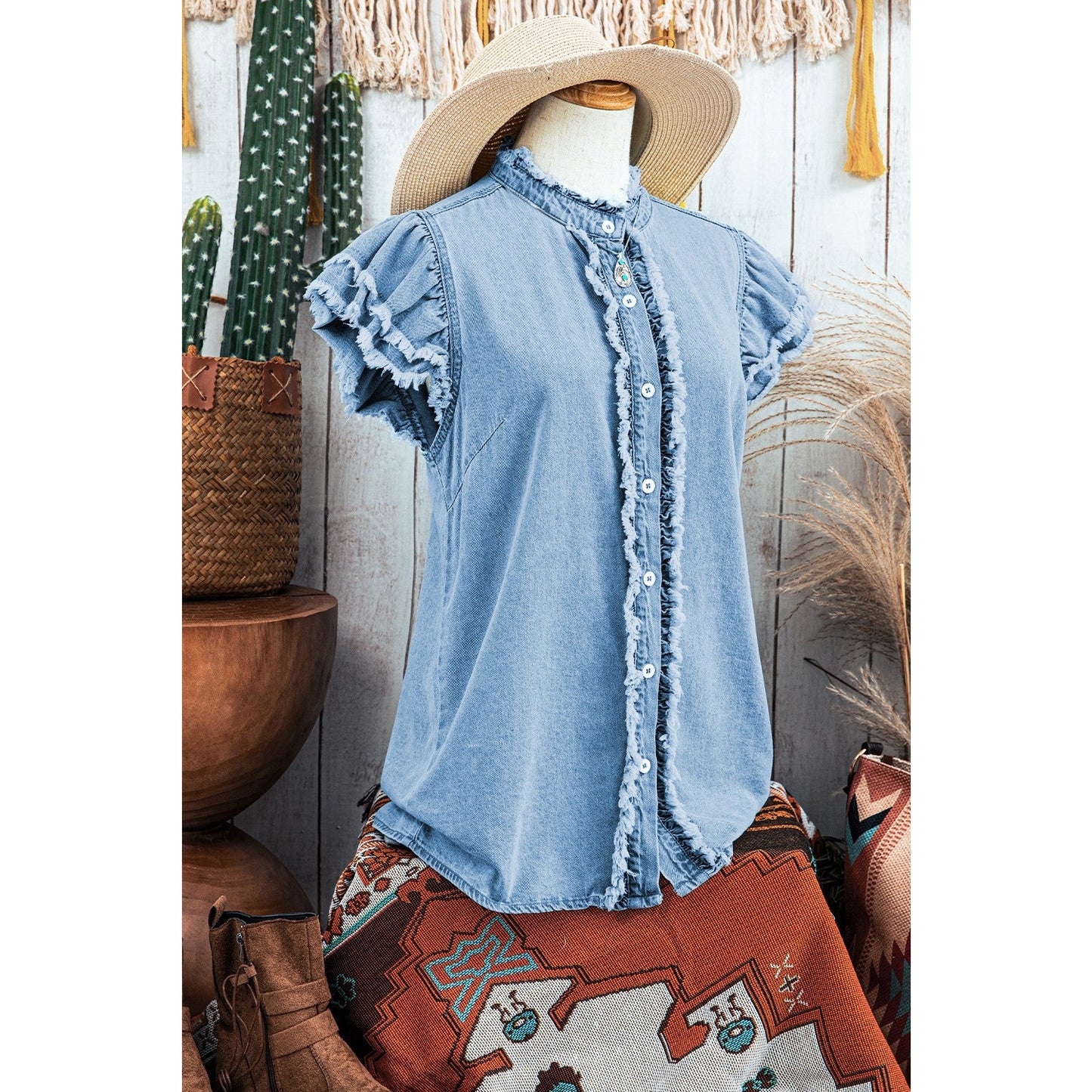 Kristy Beau Blue Button Front Ruffled Flutter Frayed Denim Top