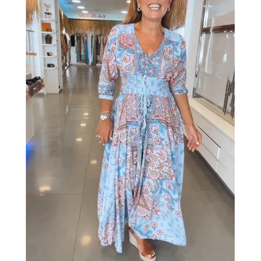 Heather Blue Floral Drawstring Maxi Dress