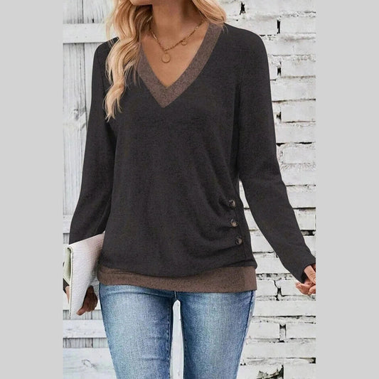 Krysten Chicory Coffee Color Block Trim V Neck Button Decor Long Sleeve Top
