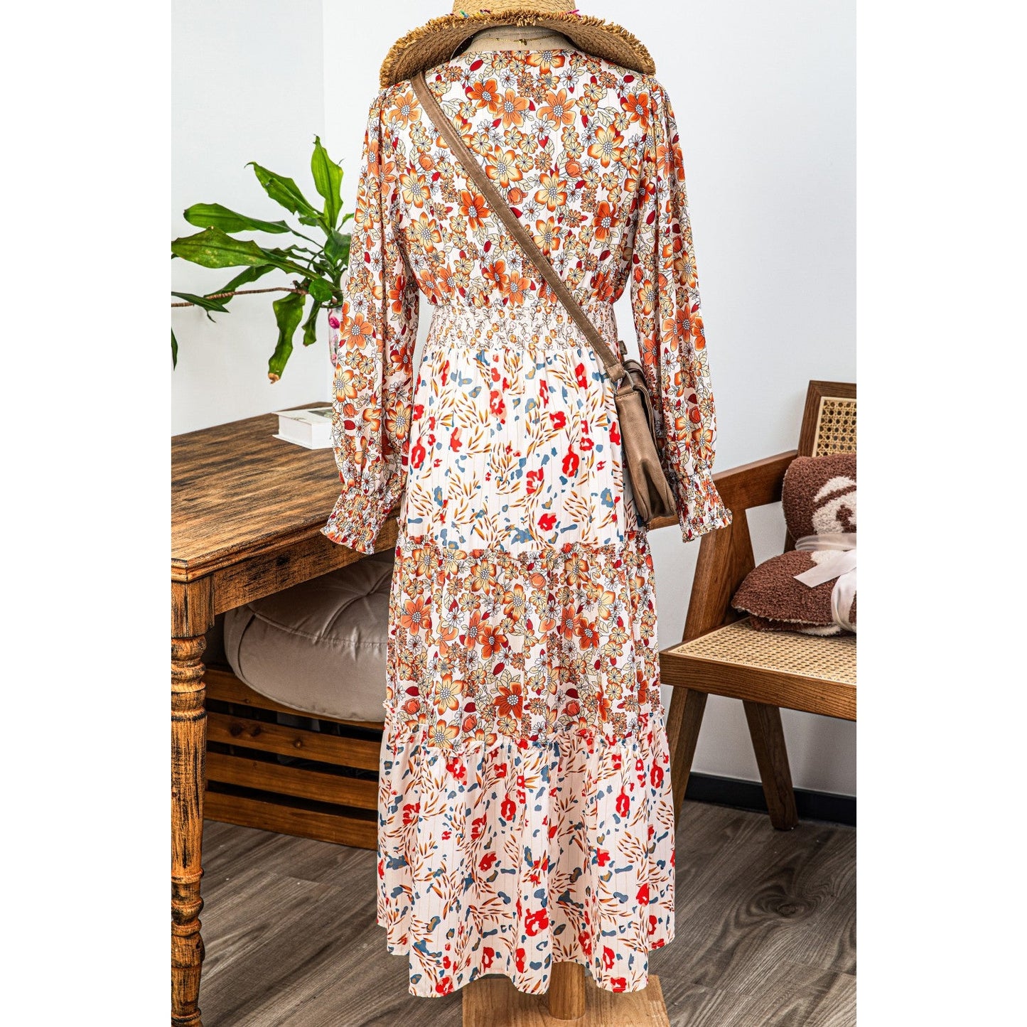 Kya Khaki Floral Print Ruffled Tiered Long Sleeve V Neck Midi Dress