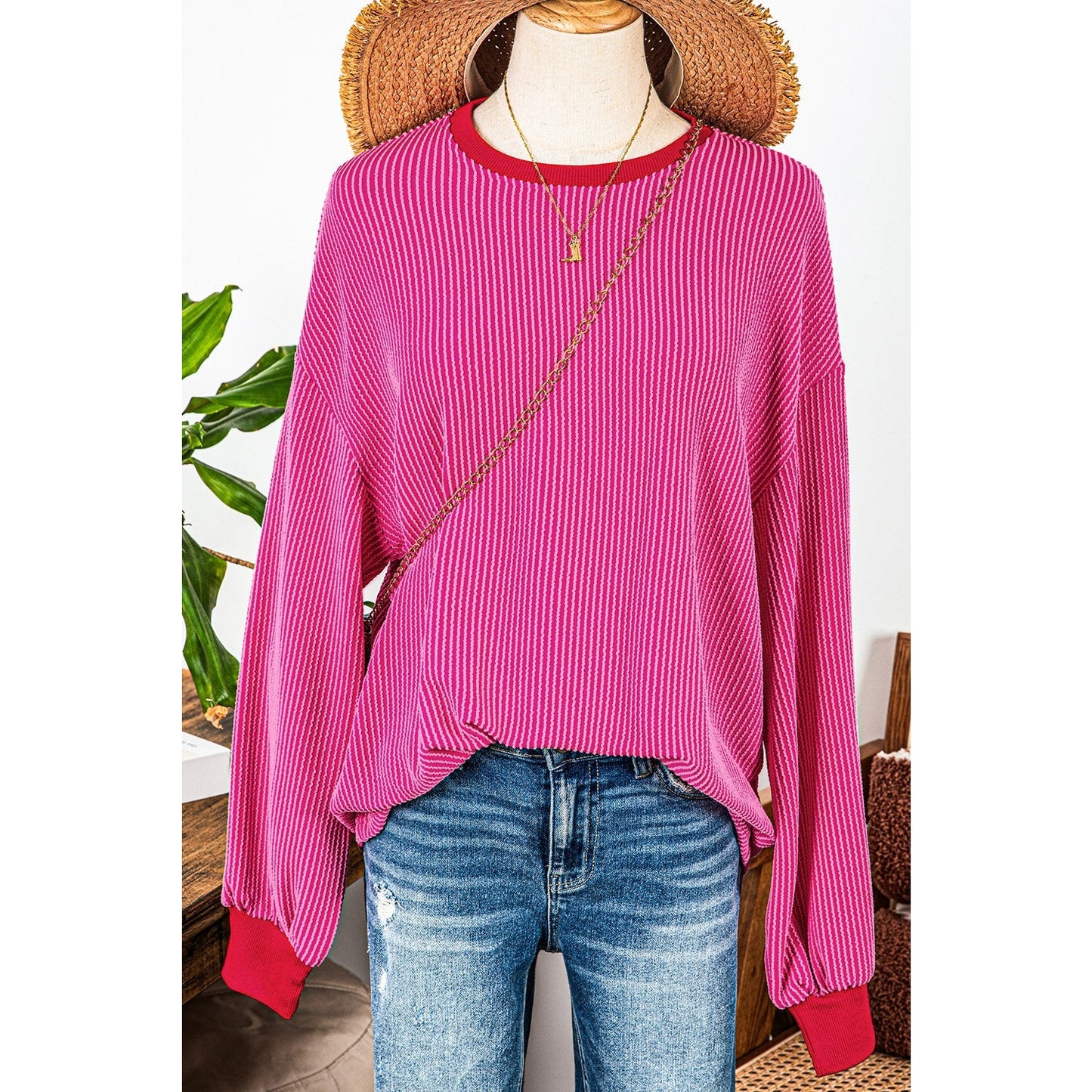 Kylee Bright Pink Corded Contrast Edge Drop Shoulder Long Sleeve Top