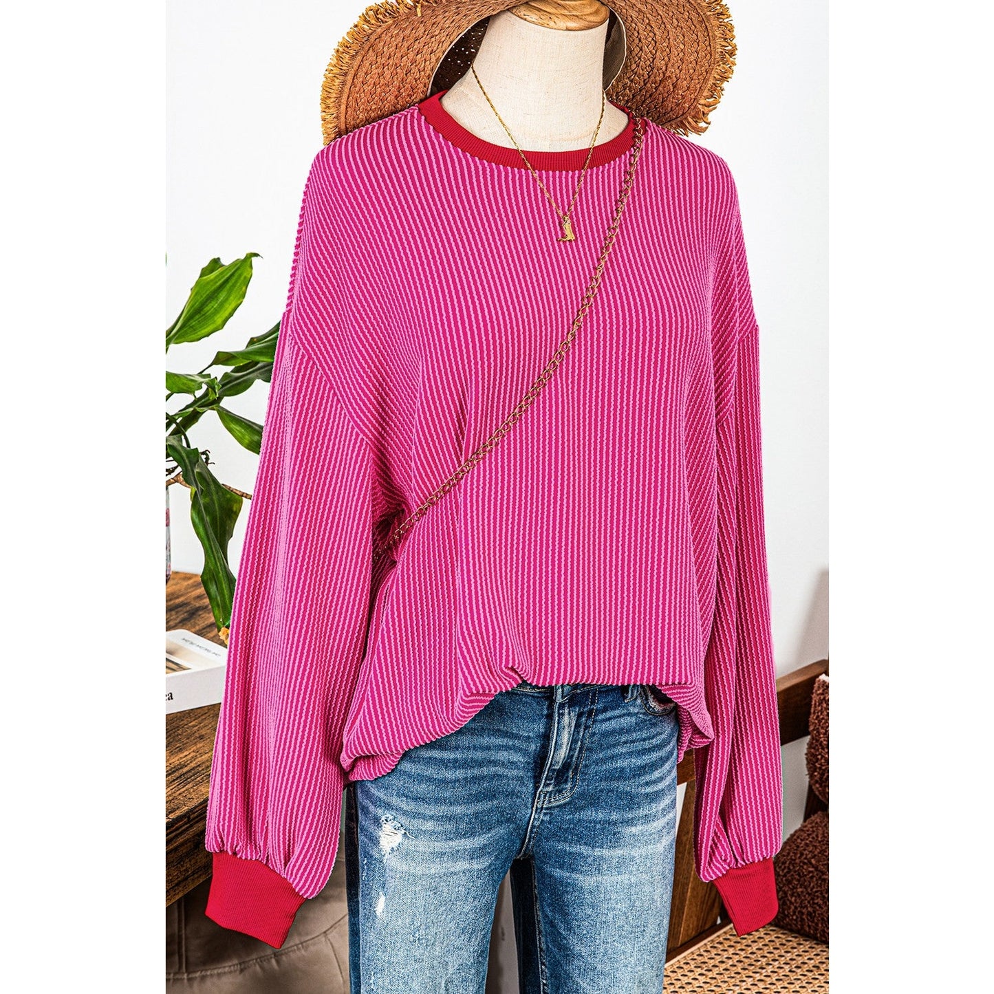 Kylee Bright Pink Corded Contrast Edge Drop Shoulder Long Sleeve Top