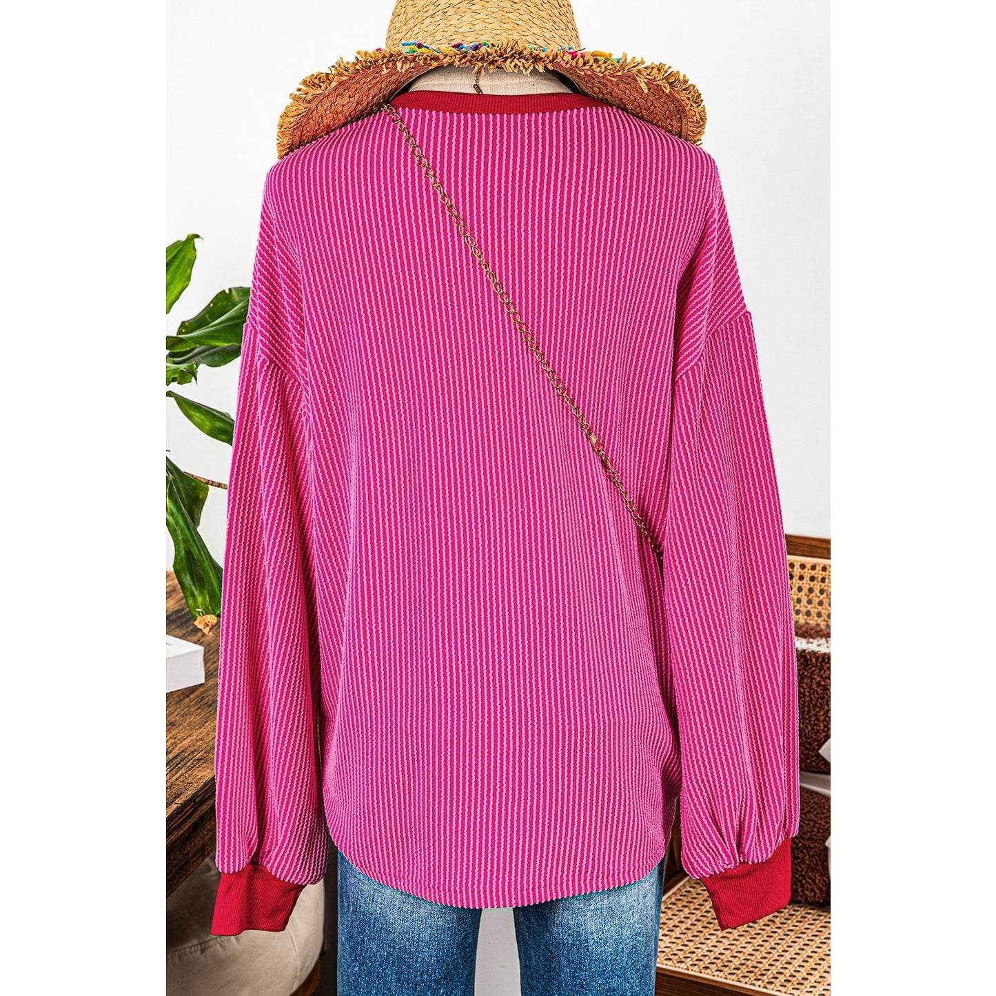 Kylee Bright Pink Corded Contrast Edge Drop Shoulder Long Sleeve Top