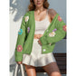 Kylie Green V Neck Floral Patch Button Front Cardigan