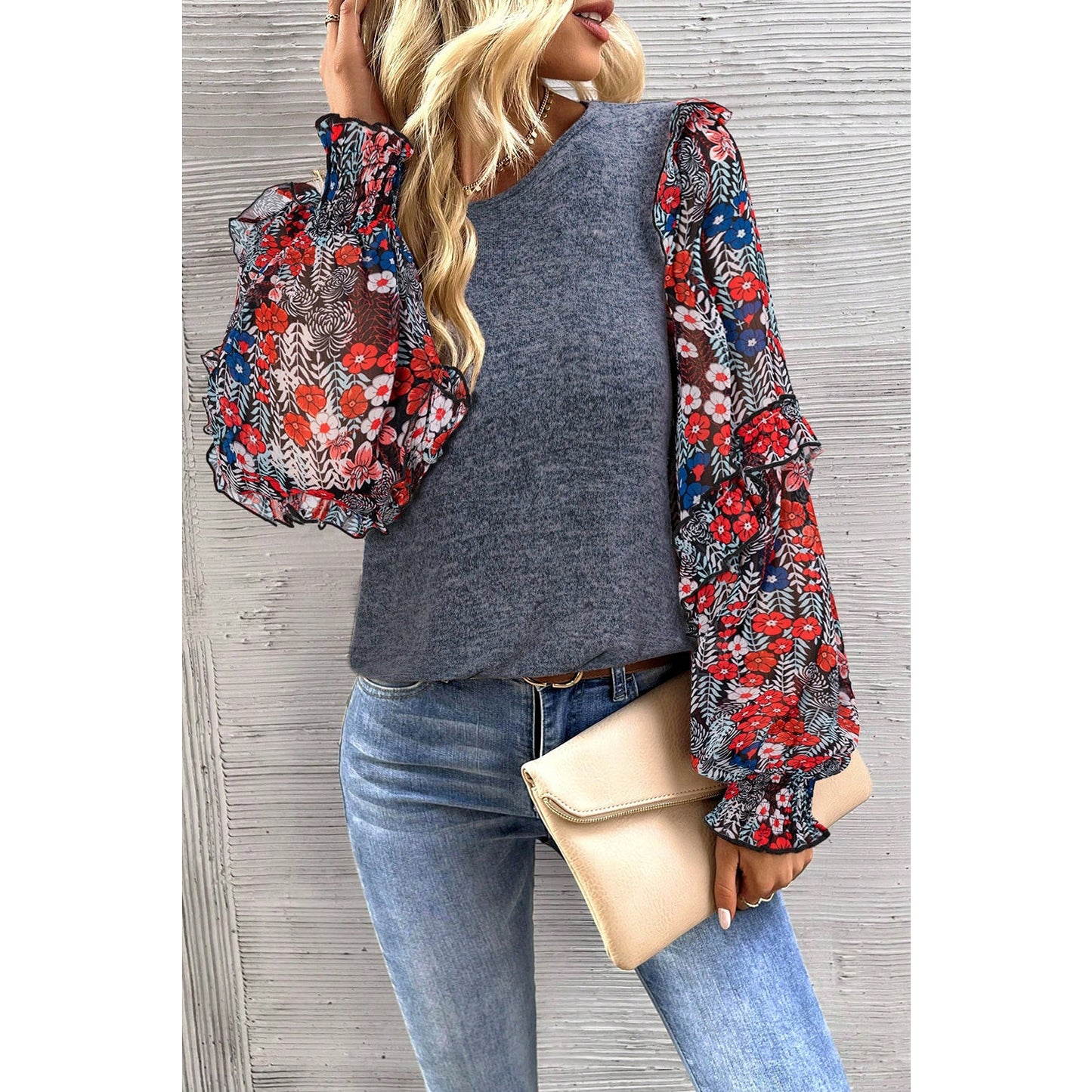 Kyrie Blue Floral Print Lantern Sleeve Ruffle Trim Top