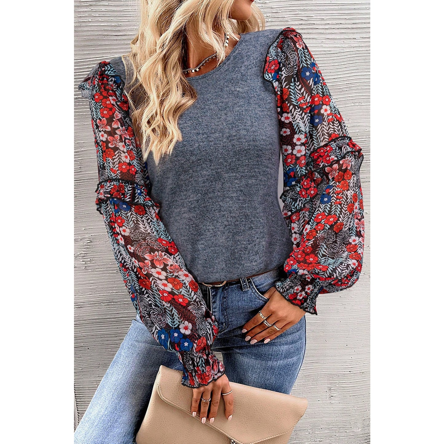 Kyrie Blue Floral Print Lantern Sleeve Ruffle Trim Top