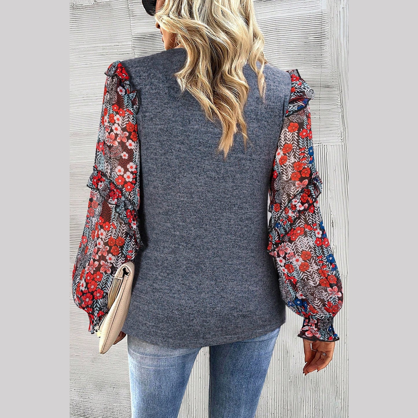 Kyrie Blue Floral Print Lantern Sleeve Ruffle Trim Top