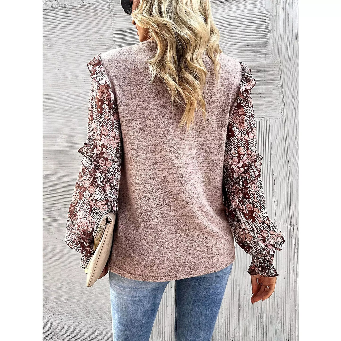 Kyrie Coffee Floral Print Lantern Sleeve Ruffle Trim Top