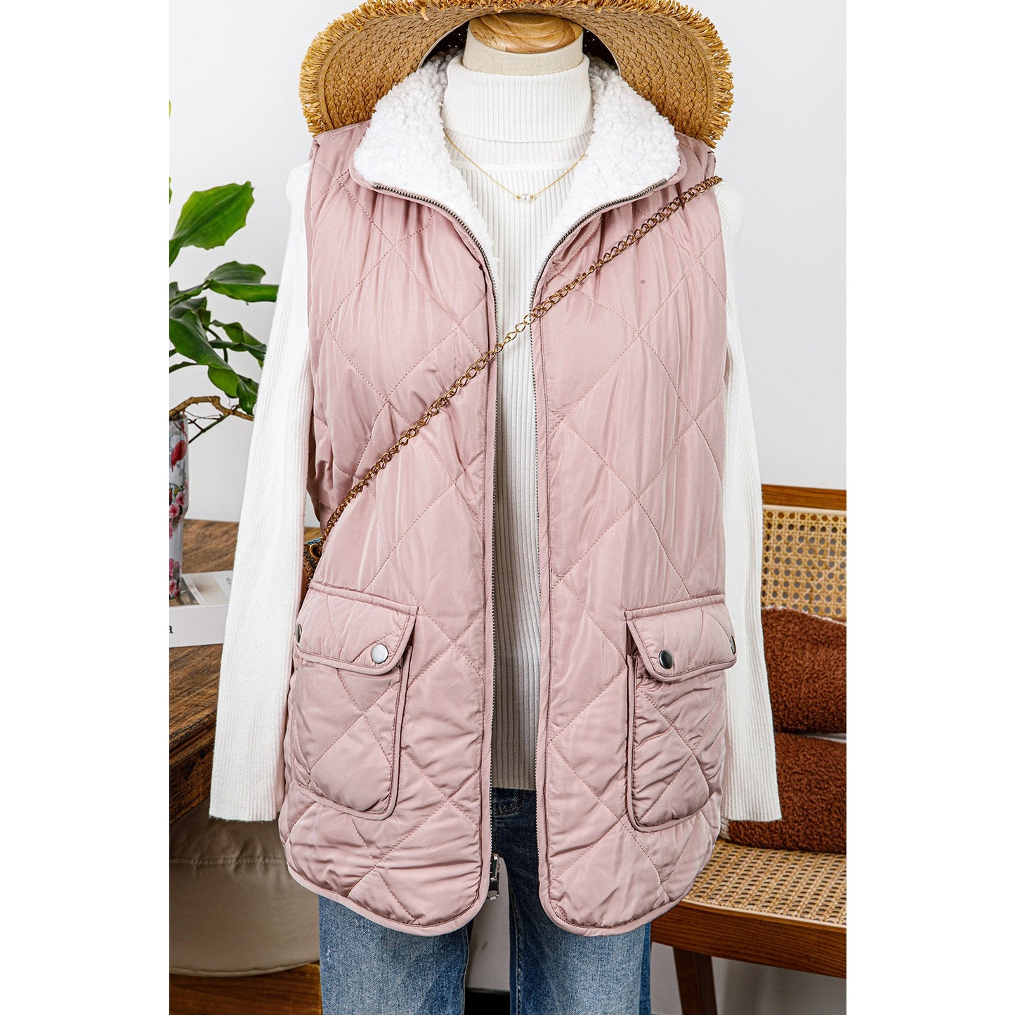 Lunden Pink Reversible Black Fleece Lined Quilted Zip up Vest