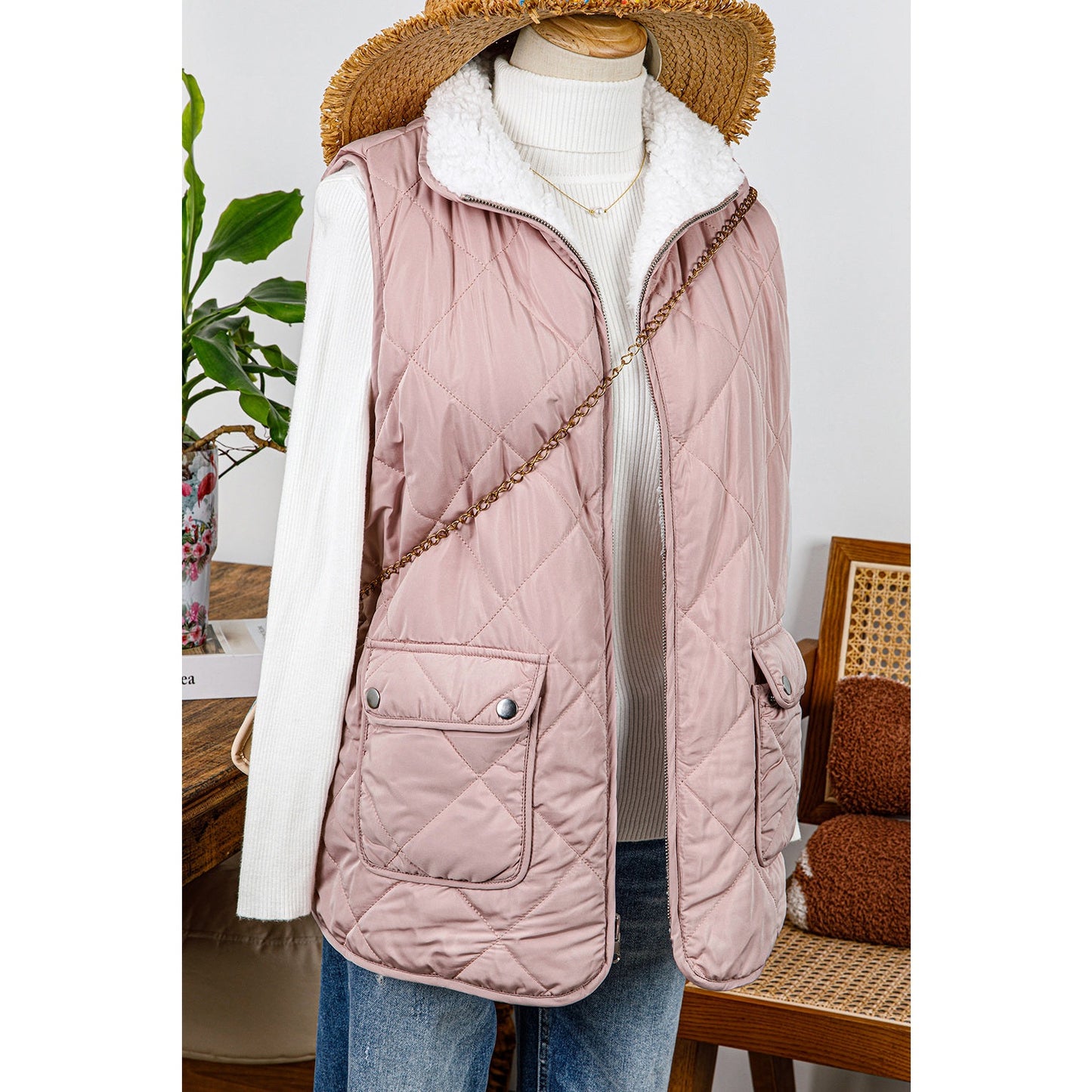 Lunden Pink Reversible Black Fleece Lined Quilted Zip up Vest