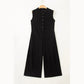 Lorrie Black Half Button Up Sleeveless Wide Leg Textured Jumpsuit
