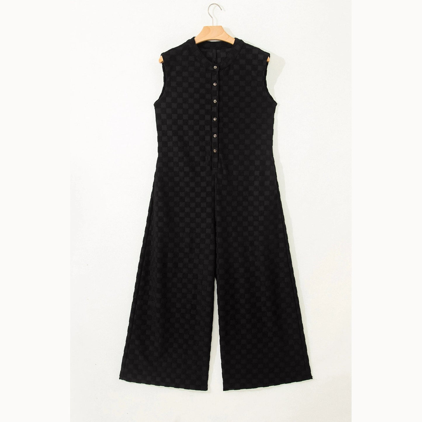 Lorrie Black Half Button Up Sleeveless Wide Leg Textured Jumpsuit