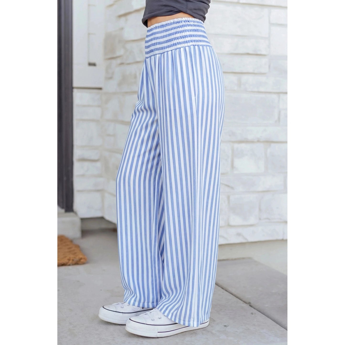 Lashandra Sky Blue Stripe Shirred High Waist Loose Pants