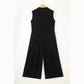 Lorrie Black Half Button Up Sleeveless Wide Leg Textured Jumpsuit
