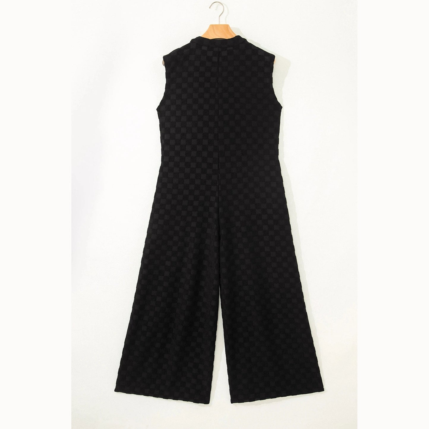 Lorrie Black Half Button Up Sleeveless Wide Leg Textured Jumpsuit