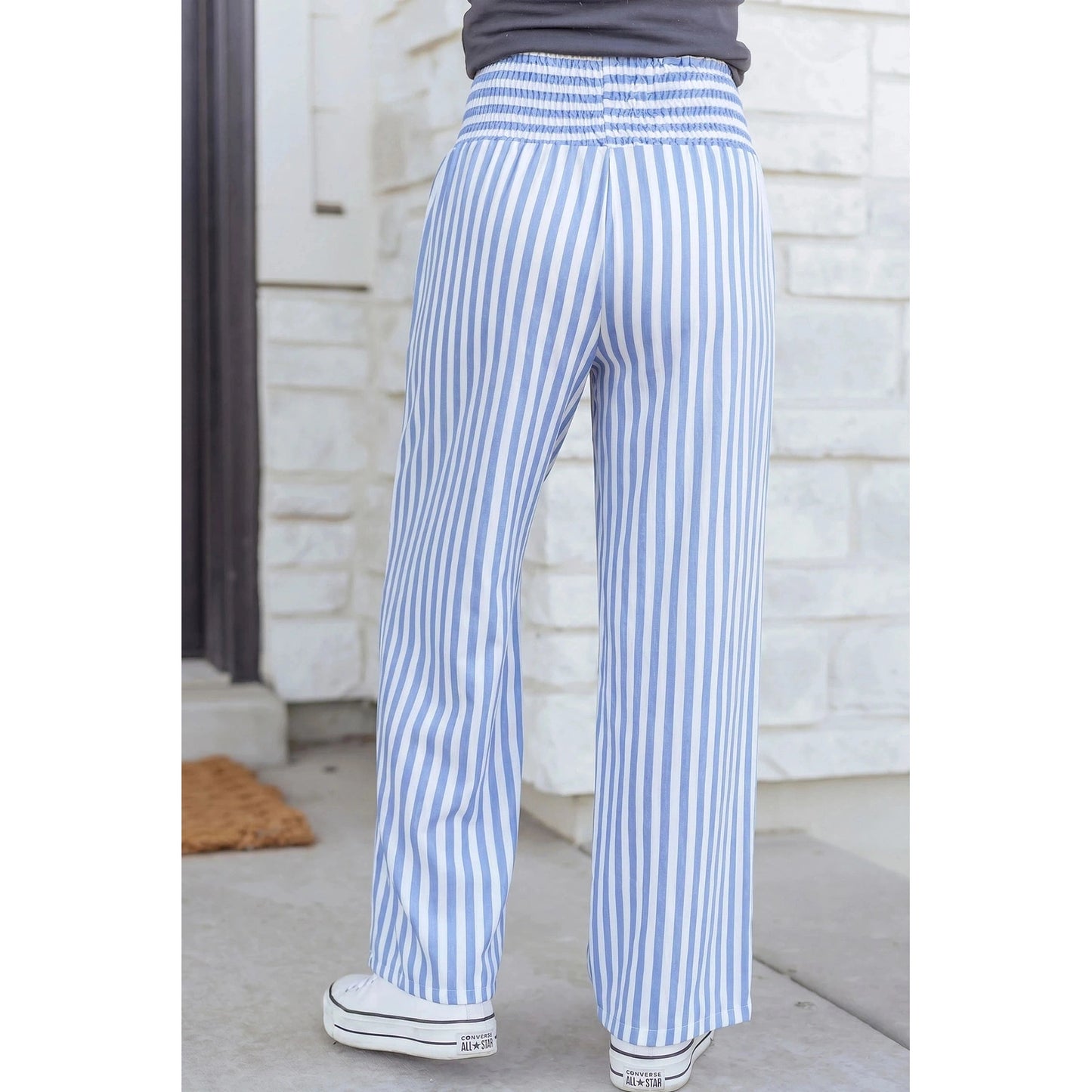Lashandra Sky Blue Stripe Shirred High Waist Loose Pants