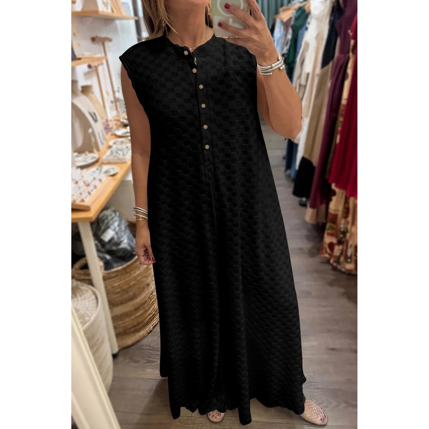 Lorrie Black Half Button Up Sleeveless Wide Leg Textured Jumpsuit