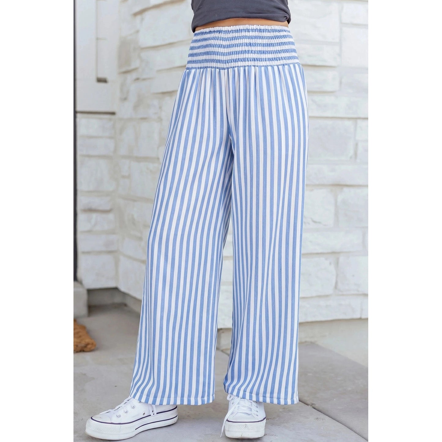 Lashandra Sky Blue Stripe Shirred High Waist Loose Pants