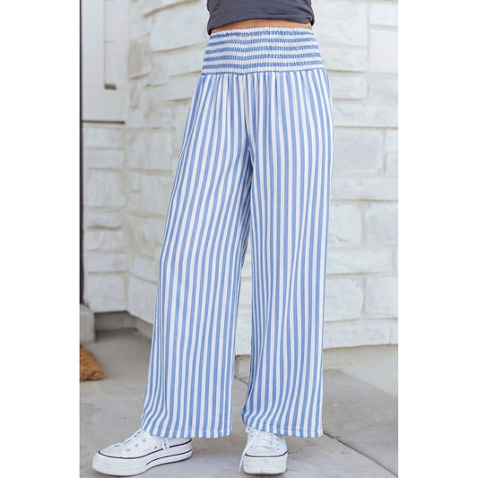Lashandra Sky Blue Stripe Shirred High Waist Loose Pants
