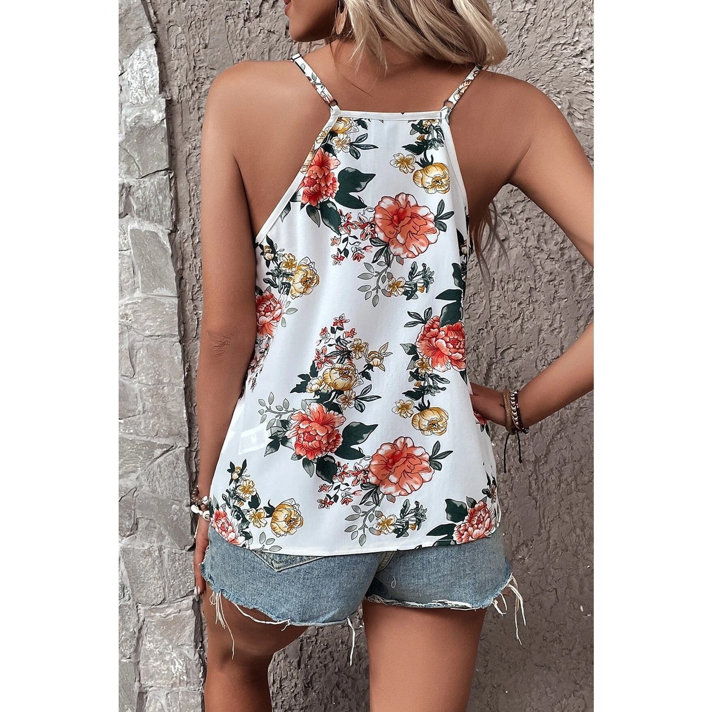 Lachelle White Floral Print Lace V Neck Tank Top