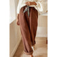 Lachelle Coffee Fleece Lined Leopard Drawstring Elastic Waist Solid Pants
