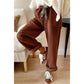 Lachelle Coffee Fleece Lined Leopard Drawstring Elastic Waist Solid Pants