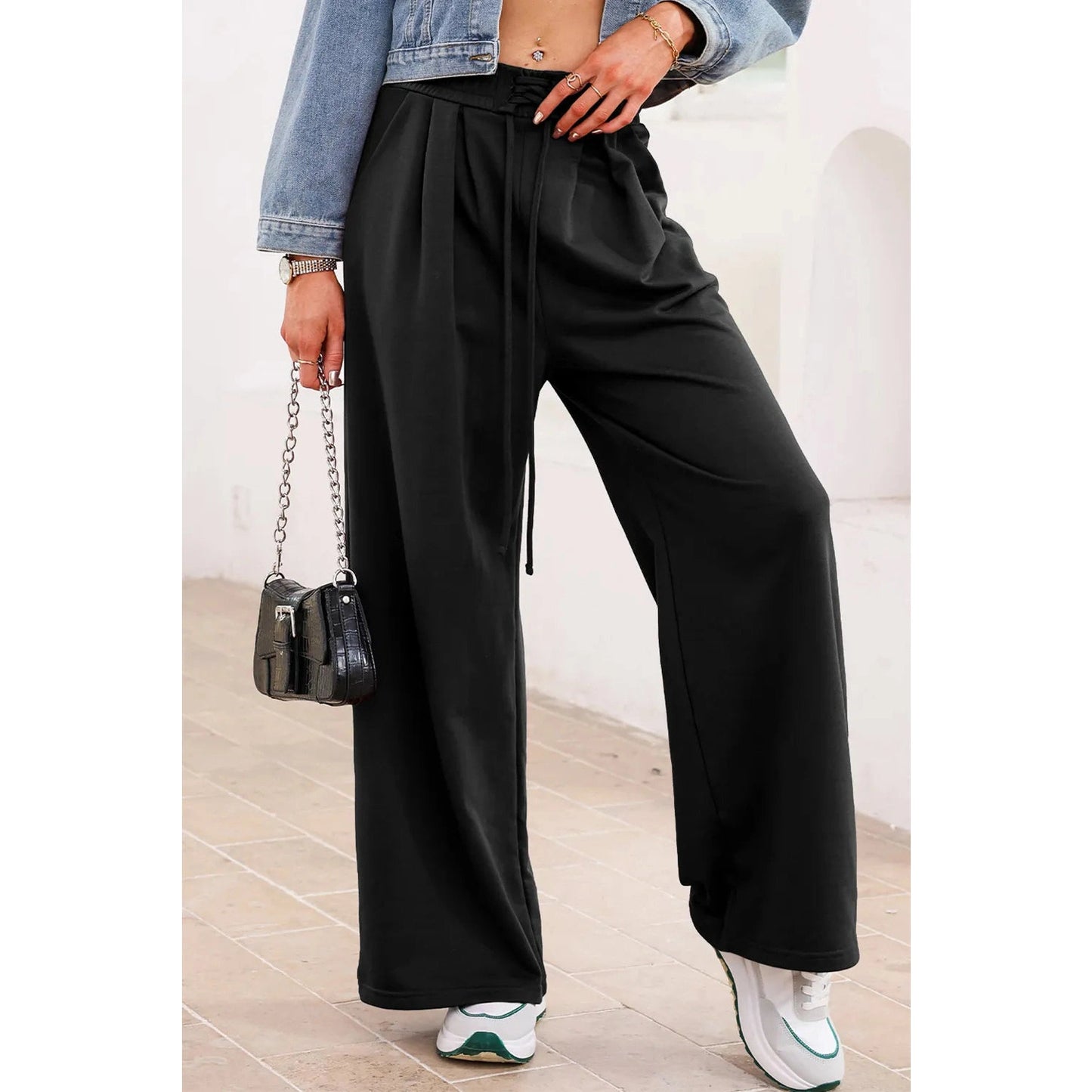 Laken Black Tied Elastic High Waist Pleated Detail Solid Sweatpants