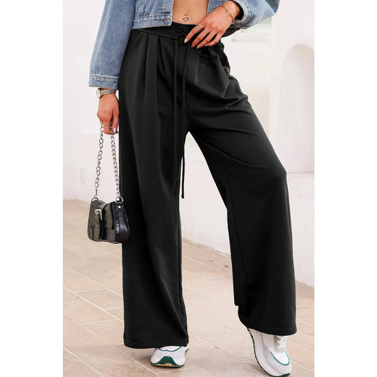 Laken Black Tied Elastic High Waist Pleated Detail Solid Sweatpants