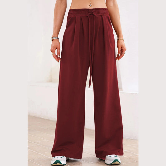 Laken Wine Tied Elastic High Waist Pleated Detail Solid Sweatpants