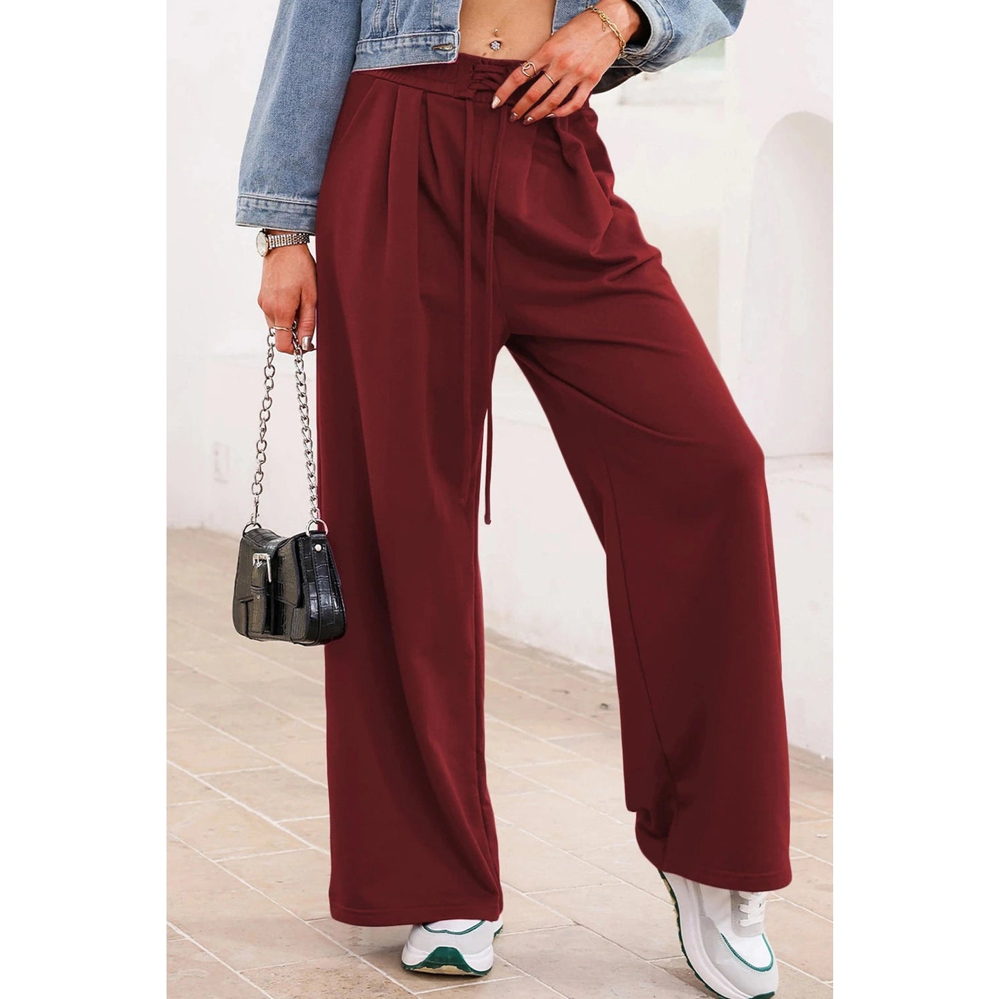 Laken Wine Tied Elastic High Waist Pleated Detail Solid Sweatpants