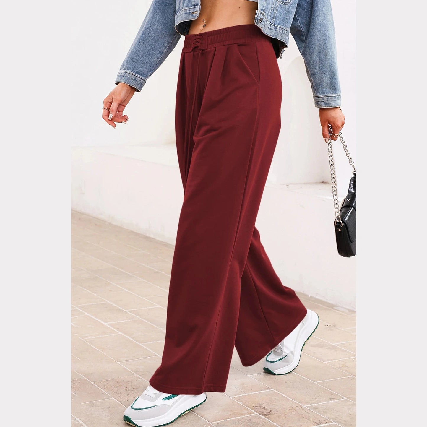 Laken Wine Tied Elastic High Waist Pleated Detail Solid Sweatpants