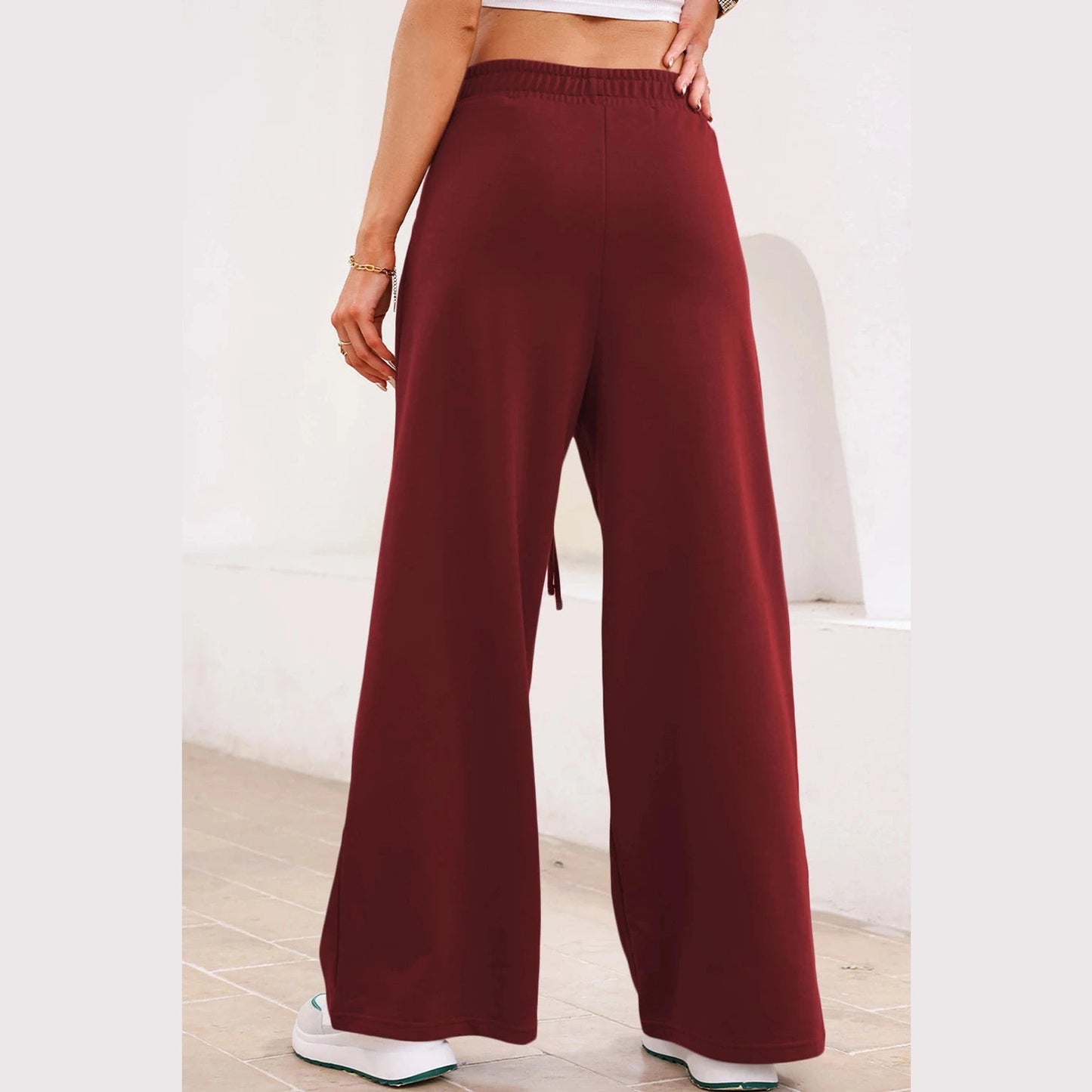 Laken Wine Tied Elastic High Waist Pleated Detail Solid Sweatpants