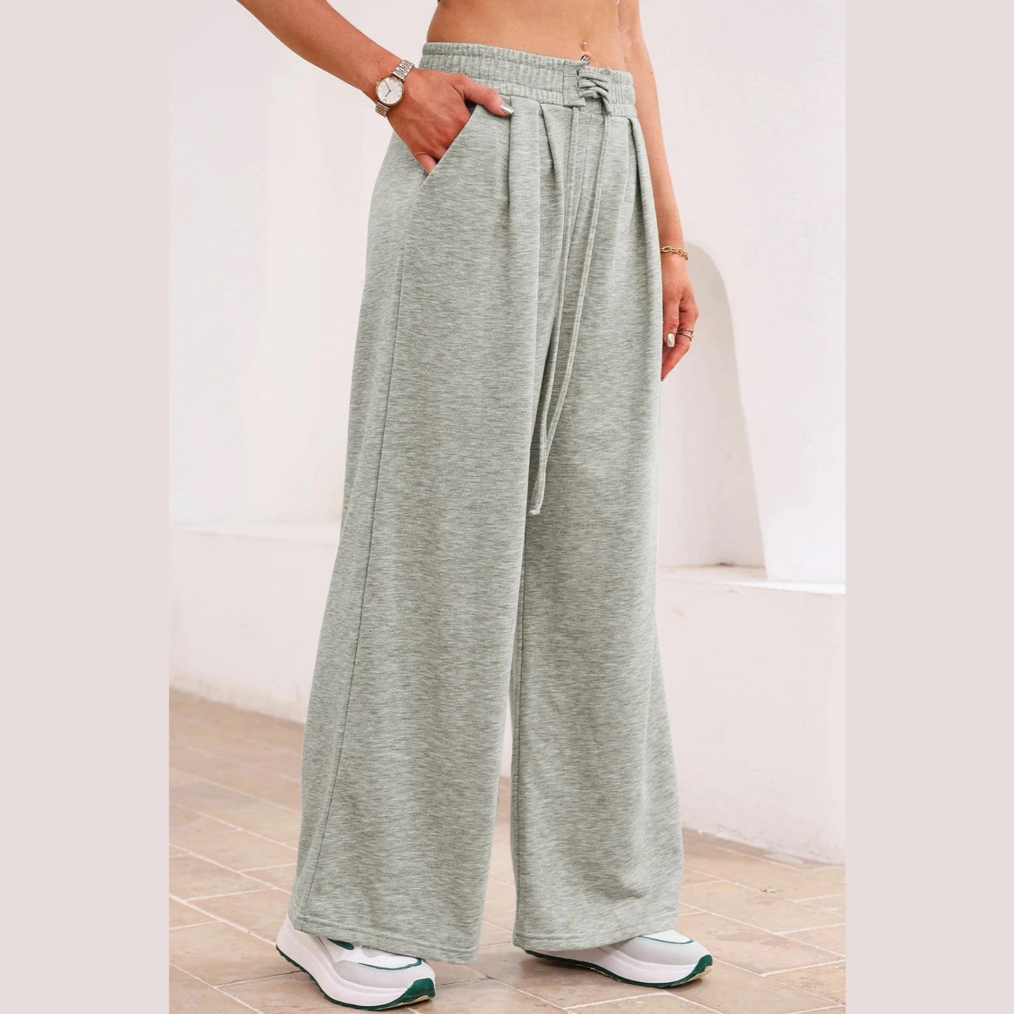 Laken Grey Tied Elastic High Waist Pleated Detail Solid Sweatpants