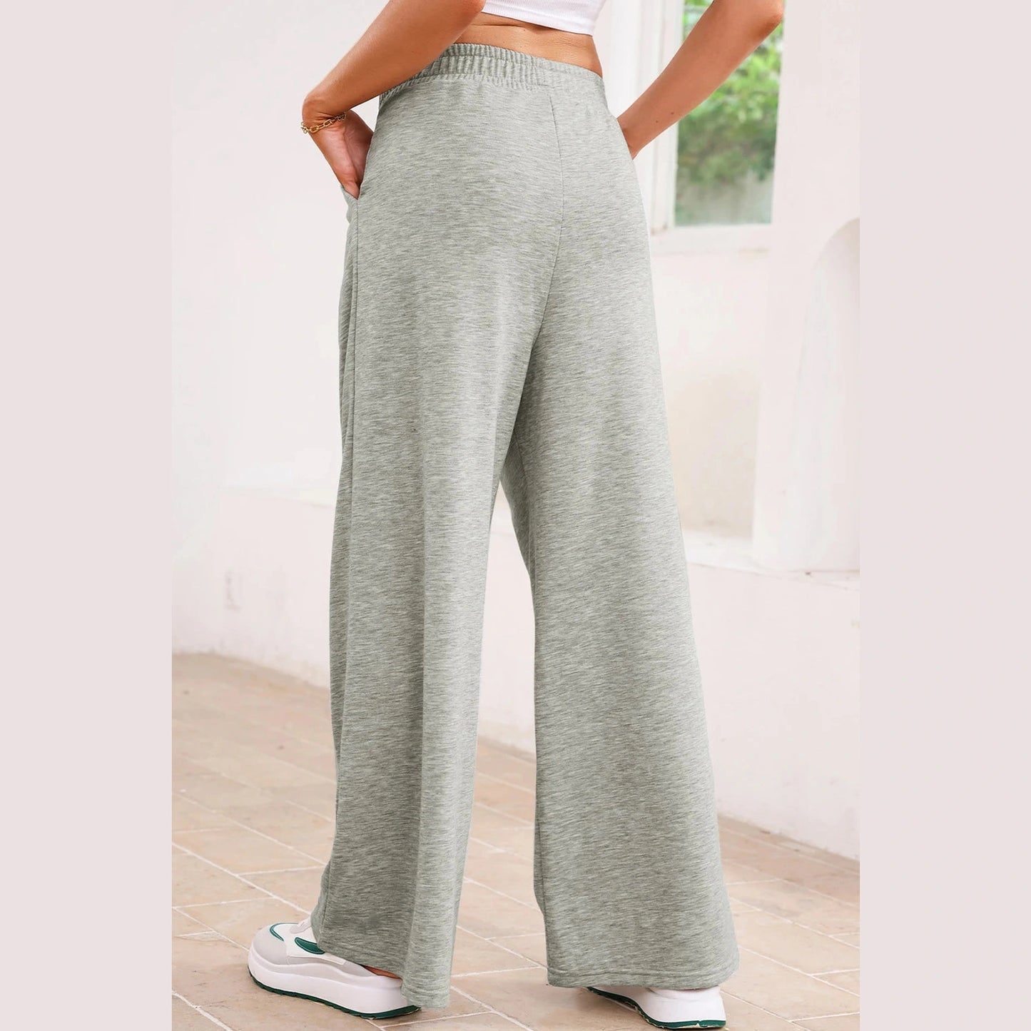 Laken Grey Tied Elastic High Waist Pleated Detail Solid Sweatpants