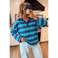 Lakota Blue Stripe Contrast Polo Collar Bracelet Sleeve Loose Top