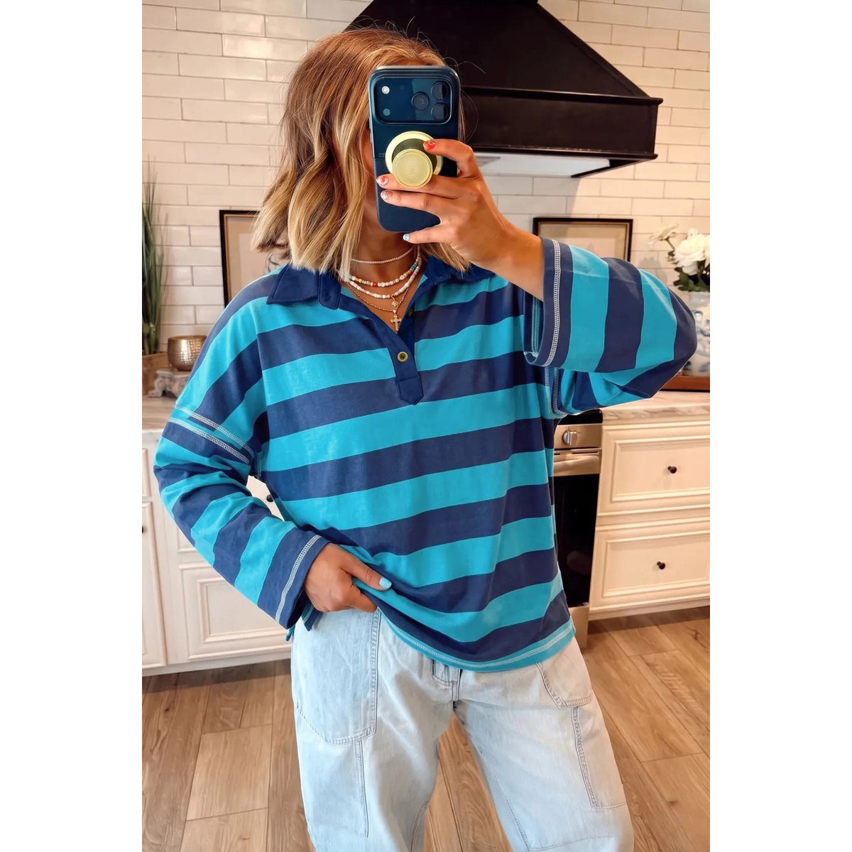 Lakota Blue Stripe Contrast Polo Collar Bracelet Sleeve Loose Top