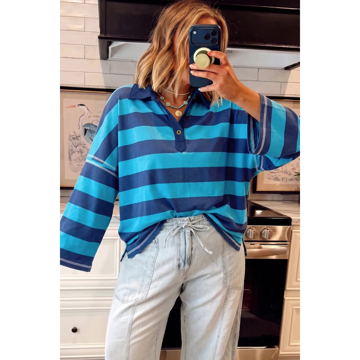Lakota Blue Stripe Contrast Polo Collar Bracelet Sleeve Loose Top