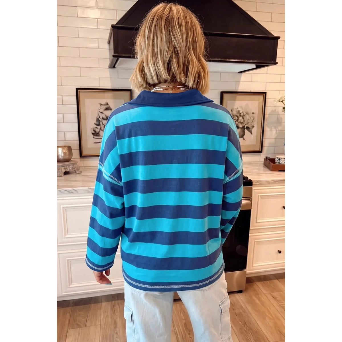 Lakota Blue Stripe Contrast Polo Collar Bracelet Sleeve Loose Top