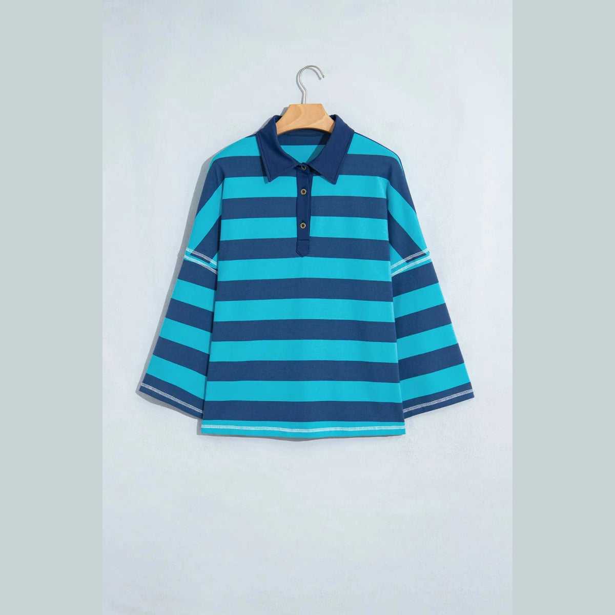 Lakota Blue Stripe Contrast Polo Collar Bracelet Sleeve Loose Top
