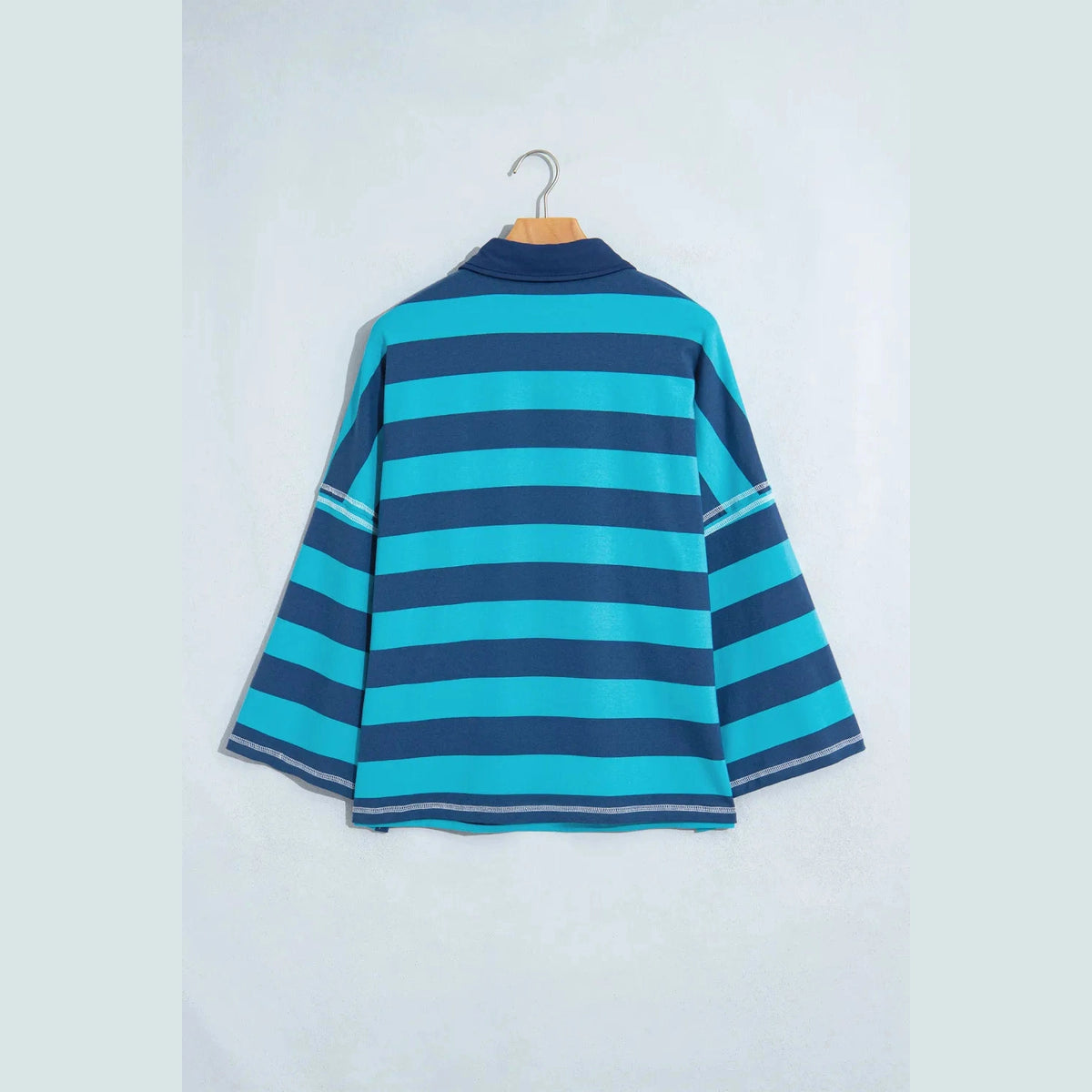Lakota Blue Stripe Contrast Polo Collar Bracelet Sleeve Loose Top