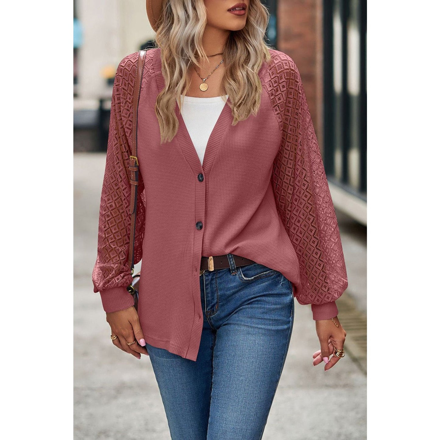 Lally Mauve Waffled Knit Lace Long Sleeve Buttoned Cardigan