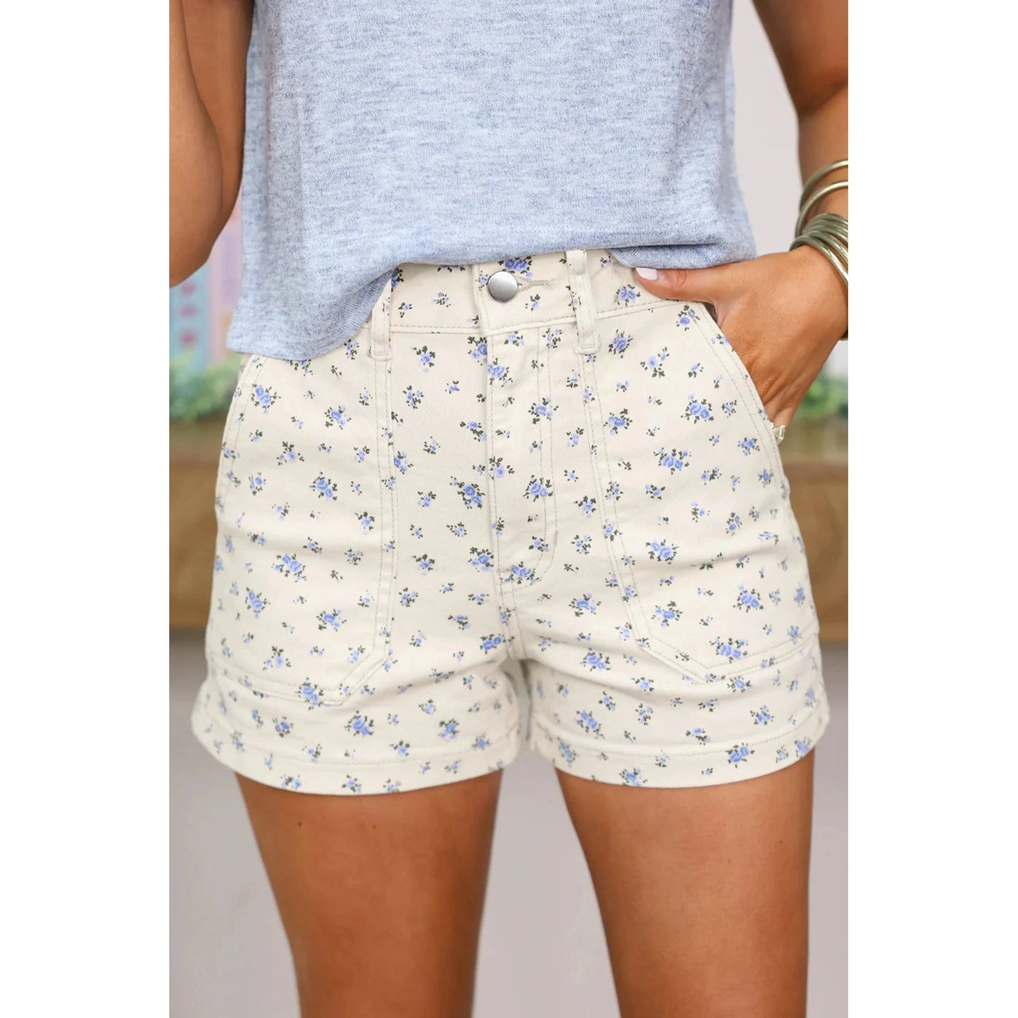 Lally White Floral Casual Cute Denim Shorts