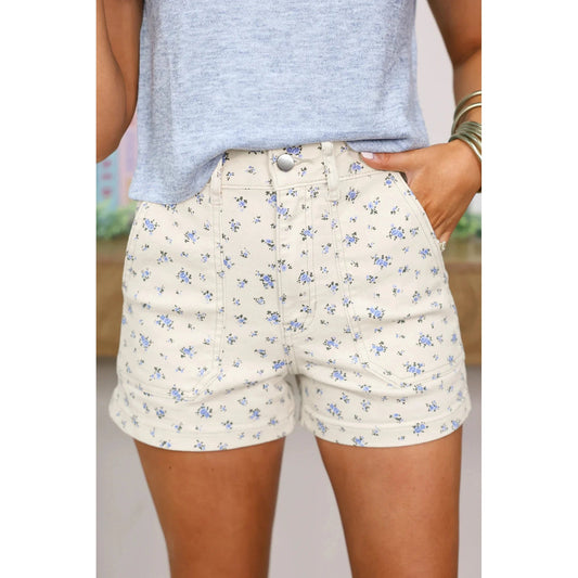 Lally White Floral Casual Cute Denim Shorts