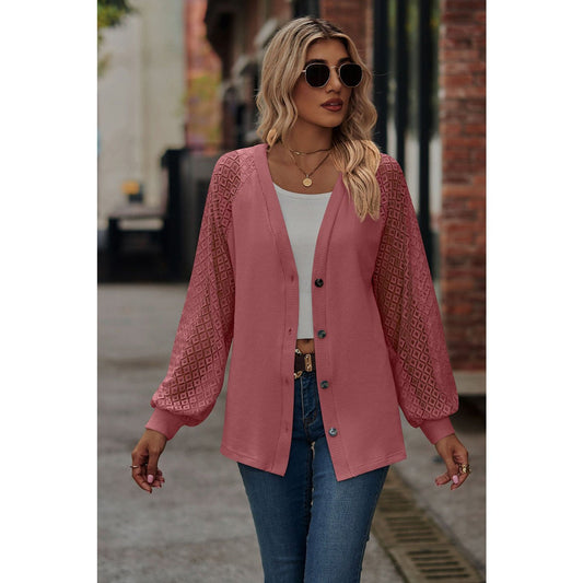 Lally Mauve Waffled Knit Lace Long Sleeve Buttoned Cardigan