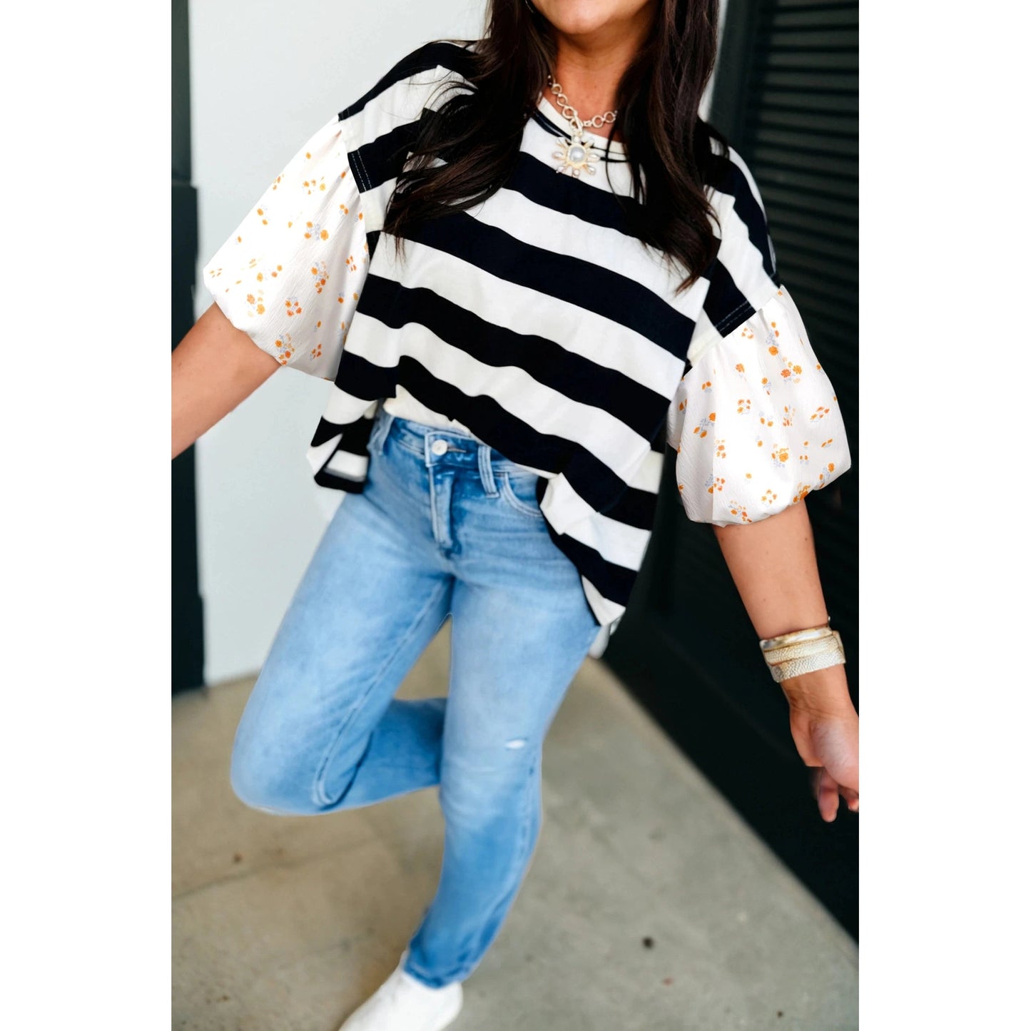 Lanah Black Stripe Floral Print Puff Sleeve Patchwork Blouse