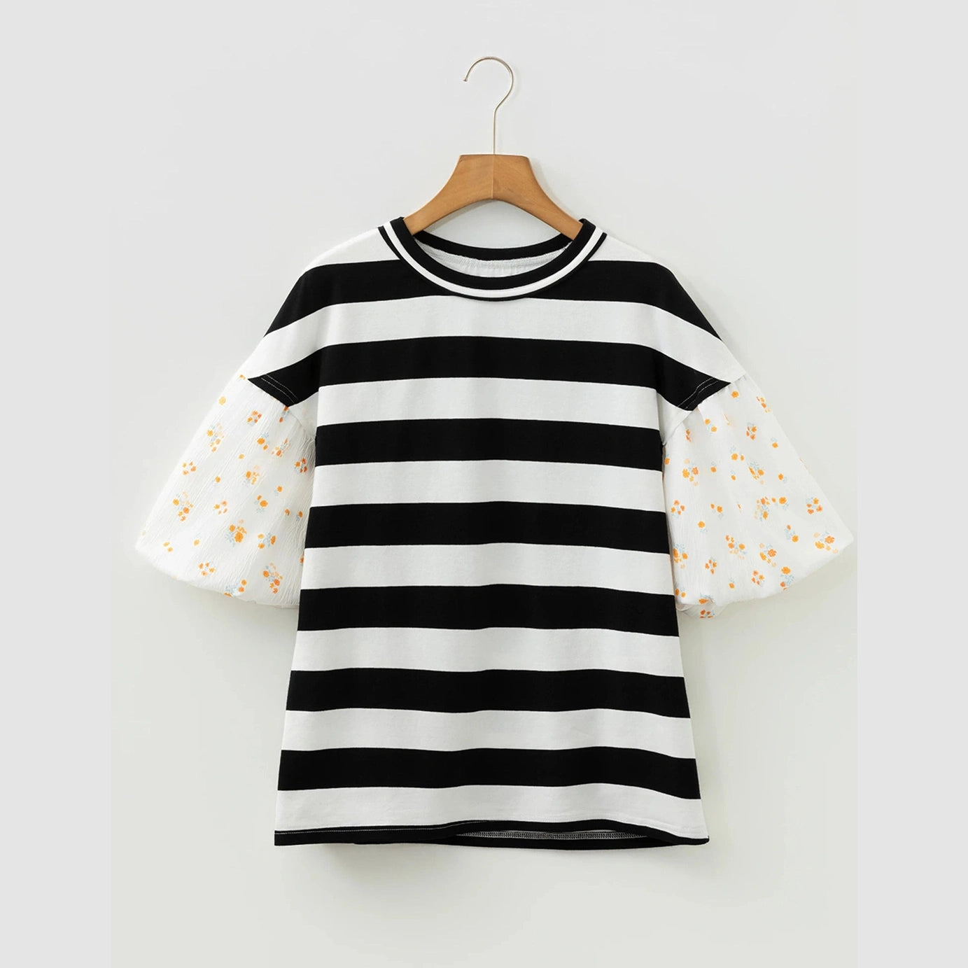 Lanah Black Stripe Floral Print Puff Sleeve Patchwork Blouse