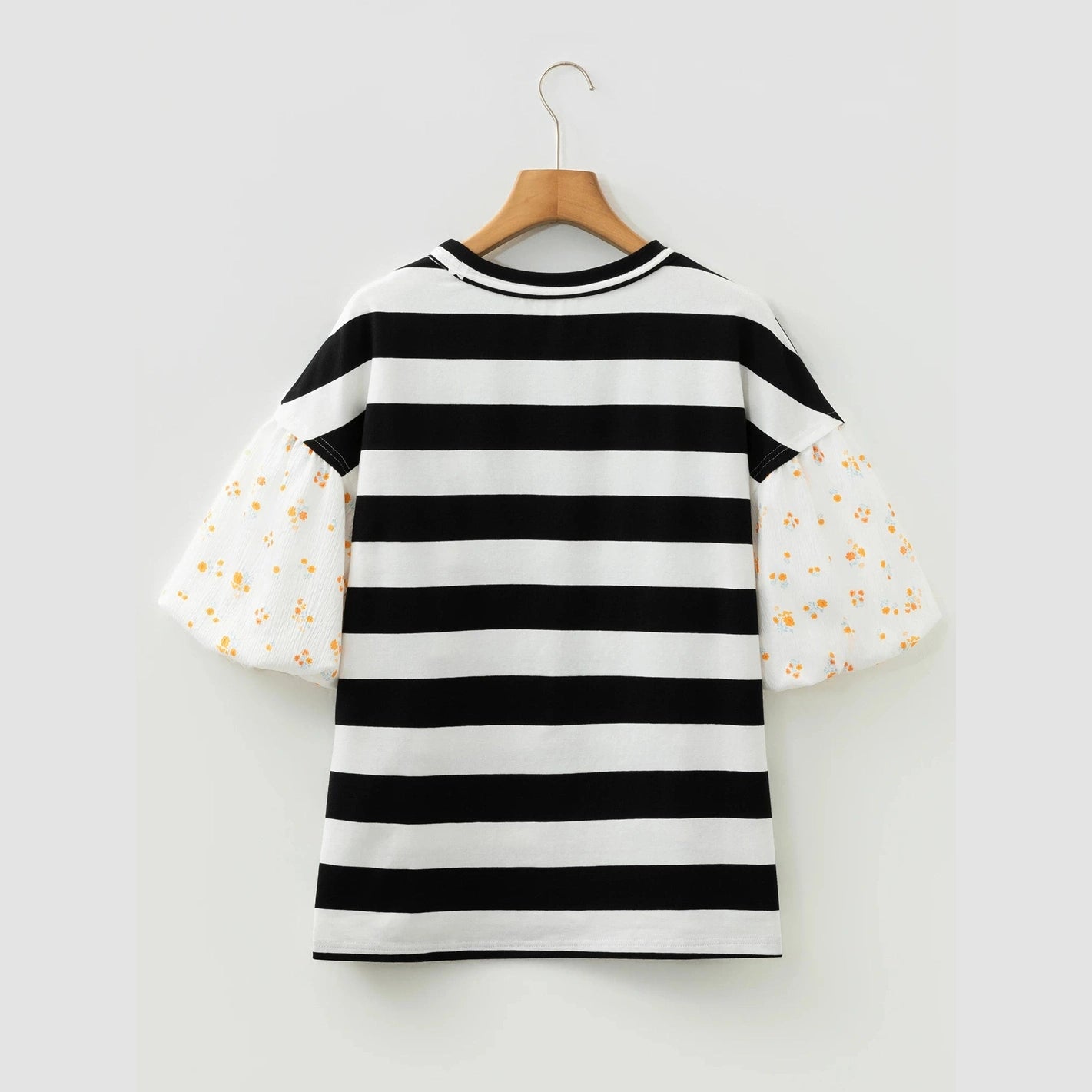 Lanah Black Stripe Floral Print Puff Sleeve Patchwork Blouse