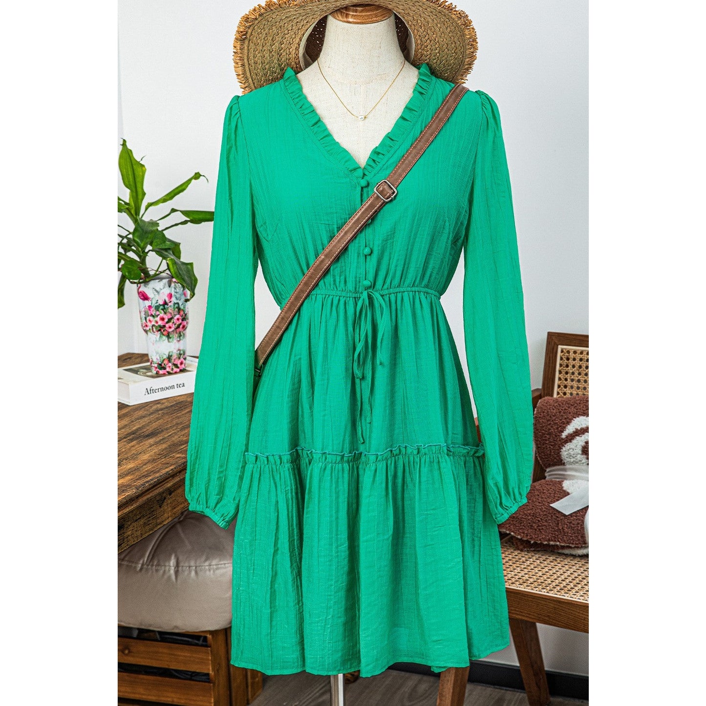 Laney Green Frilly V Neck Puff Sleeve Drawstring Shift Mini Dress